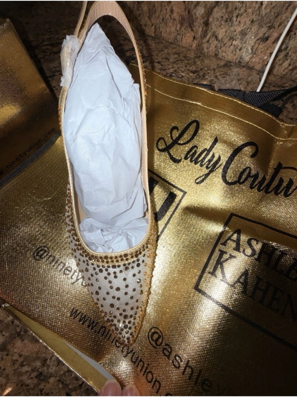 Embellished Pointed Slingback Heel in Gold Accents Vintage with bag and box